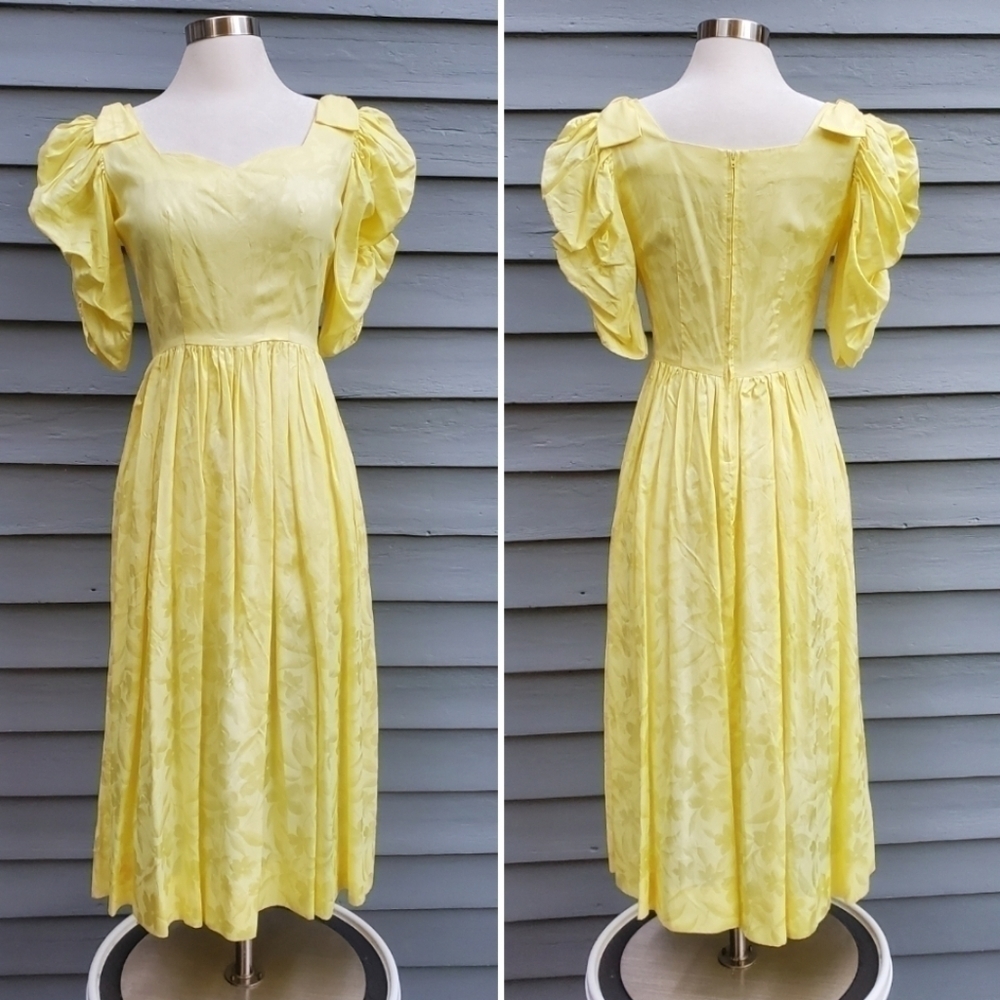 Vintage 80s Retro Canary Yellow Puffed Sleeves‎ Floral Jacquard Midi Dress XS
